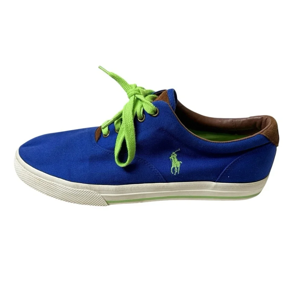 Polo Ralph Lauren Men's Boat Shoes Vaughn Blue‎ Lime Green Logo Laces Canvas 11D